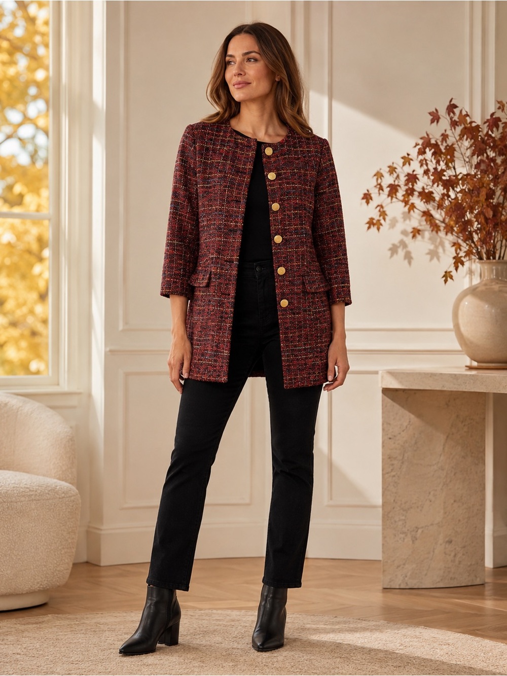 NYC Red Tweed Gold Button Jacket Medium Longline Blazer Fall Classic Chic